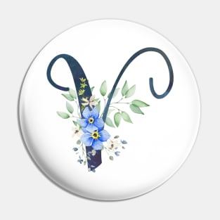 Floral Monogram V Wild Blue Flowers Pin