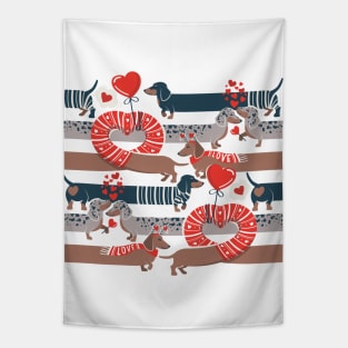 Dachshunds long love // neon red hearts scarves sweaters and other Valentine's Day details brown nile blue and dark grey spotted funny doxies dog puppies Tapestry