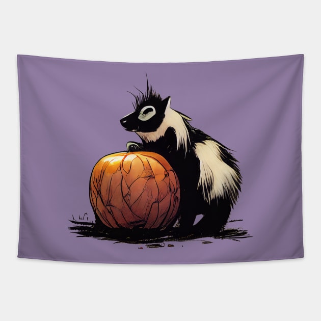 Baby skunk on a pumpkin Tapestry by etherElric