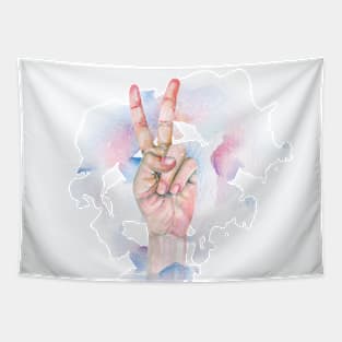 Two finger up for encouragement symbol watercolor 1 Tapestry