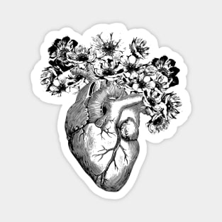 Human heart black and white with crow flowers anemones Magnet