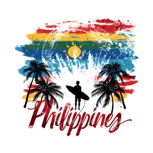 Philippines Vibes - Colourful palm trees and surfer T-Shirt