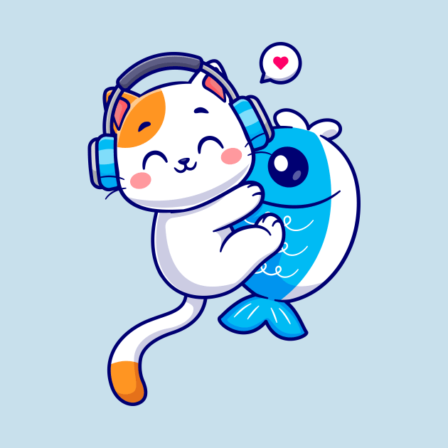 Cute Cat Hug Fish With Headphone Cartoon by Catalyst Labs