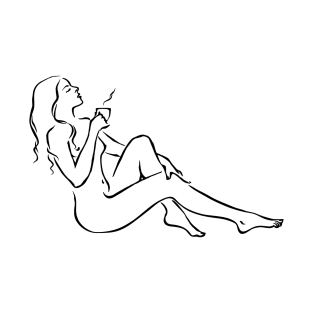 Nude woman with a cup of coffee. Naked girl drinking tea. Female body line art minimalist illustration T-Shirt