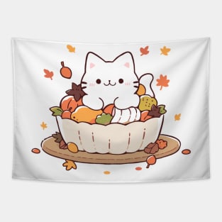 Cute cat with thanksgiving food Tapestry