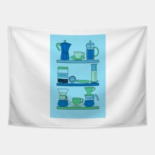 Coffee Shelves in blues and greens Tapestry