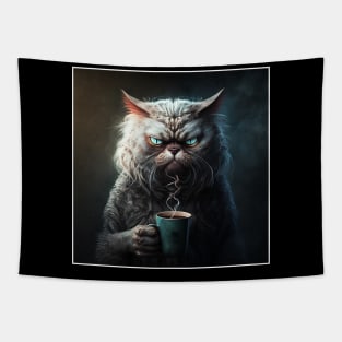 Funny Mean Looking Cat  Drinking Coffee, Coffee Cat Lover Tapestry