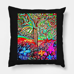 Colourful, abstract tree and vibrant flowers Pillow