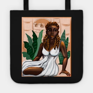 Cleopatra ii Queen Black is beautiful black woman art with crown, white dress and braids, brown eyes and dark brown skin ! Tote