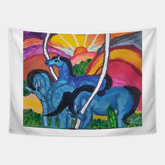 Blue Horses Tapestry by LeslieK75