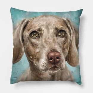 Painting of a n Adorable Grey Brown Weimaraner Dog on Blue Background Pillow