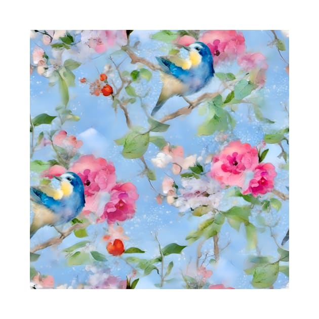 Blue tit and spring flowers chinoiserie by SophieClimaArt