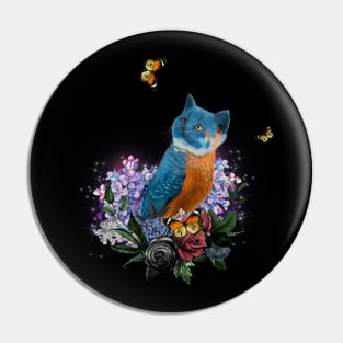 Funny cute birdkitten with flowers in the night Pin