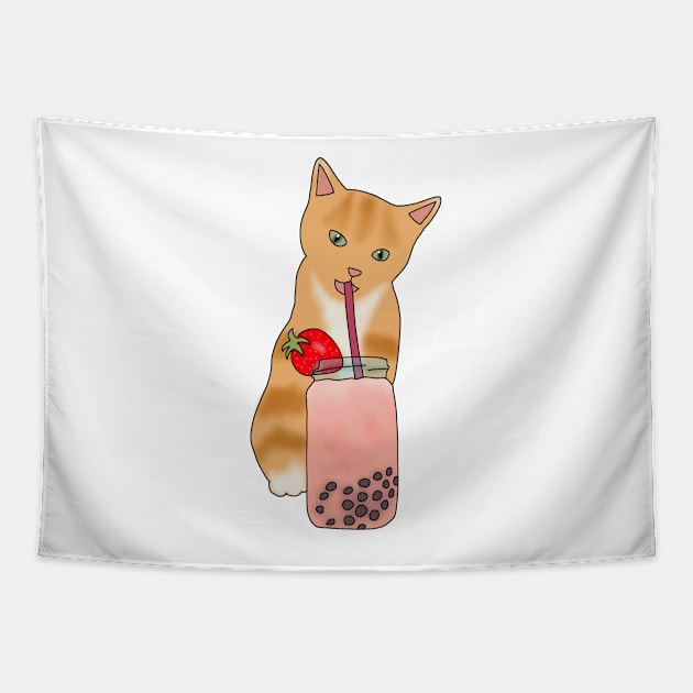 Cat Strawberry boba (fluffy orange cat) Tapestry by Becky-Marie