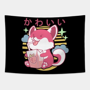 Kawaii Aesthetics Japanese Strawberry Milk Shake かわいい Fox - Purple- Strawberry Milk Tapestry