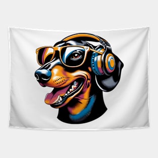 Dachshund Smiling DJ with Headphones and Sunglasses Tapestry