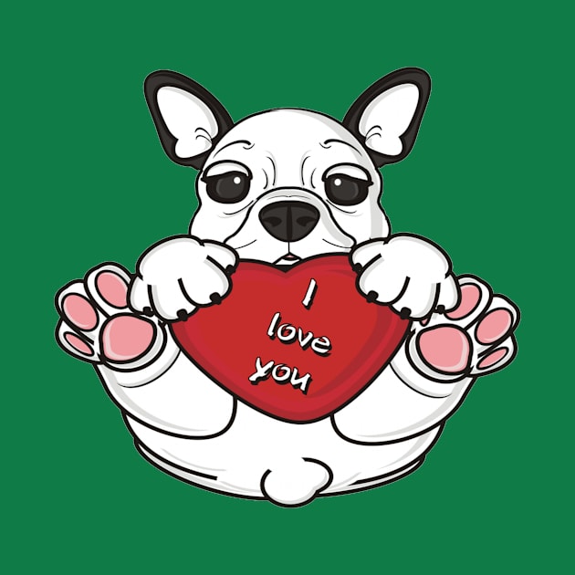 Little Puppy of french bulldog hold in paws a red heart with inscription i love you by amramna