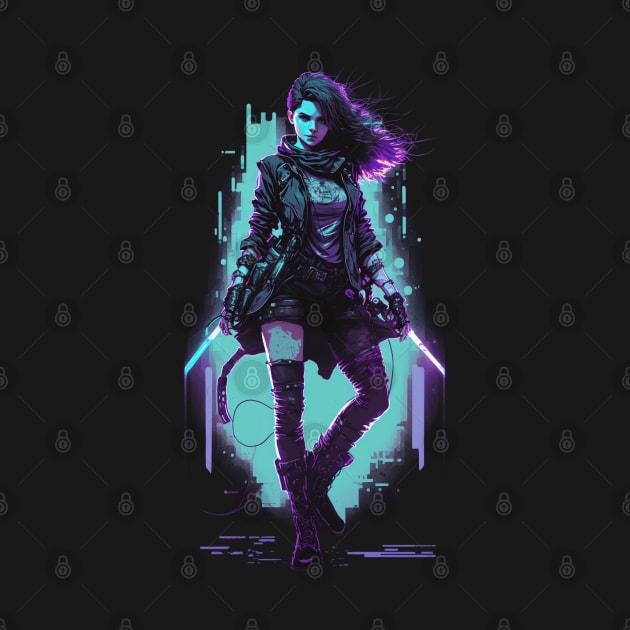 Cyberpunk Girl On Blue Neon Background by Nightarcade