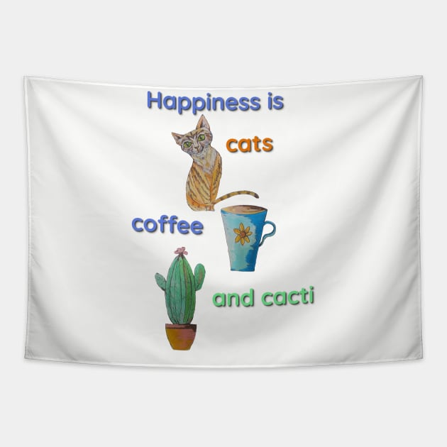 Happiness is Cats, Coffee and Cacti Tapestry by candimoonart