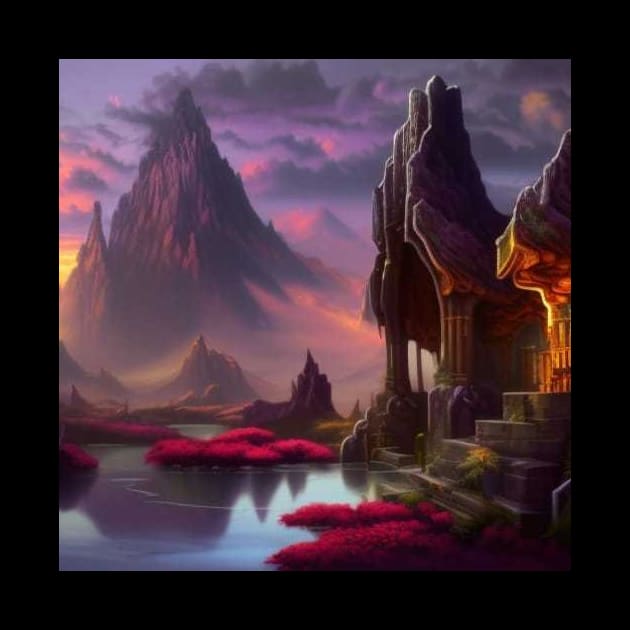 Ai Generated Art Scenery - Mountain Temple by a Lake by Double E Design