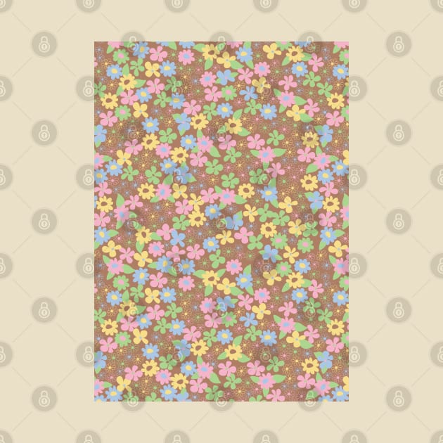 retro brown florals, groovy 60s pattern, 70s flowers, blue flower pattern, girly, for teen girl, retro, ditsy, ditsy daisy by blomastudios