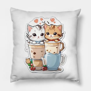 Cute Kittens With A Cup Of Milk Tea Pillow