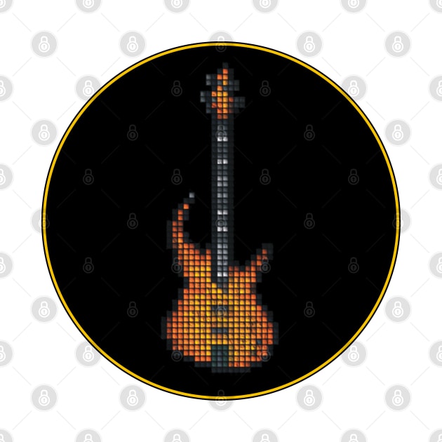 Tiled Pixel Burning Fire Bass Guitar in a Black Circle by gkillerb