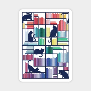 Rainbow bookshelf // white background navy blue shelf and library cats Magnet