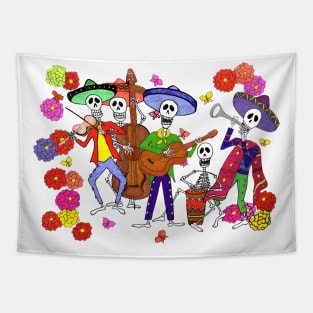 Skeleton Mexican Mariachi Band Guitar, Fiddle, Bass, Drums, Horn Tapestry