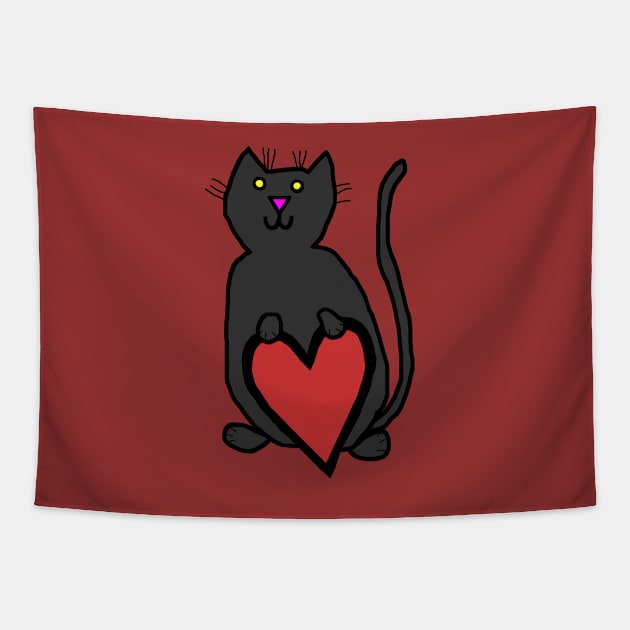 Black Cat with Heart Tapestry by ellenhenryart