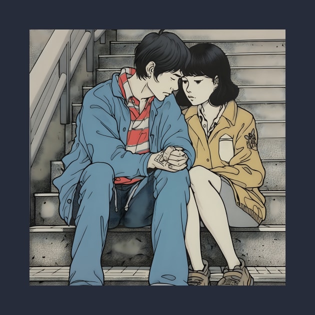 Brunet couple sitting on the bench and holding hands by KOTYA