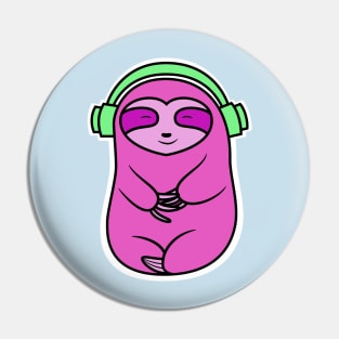 Happy Pink Sloth Listening to Music Pin