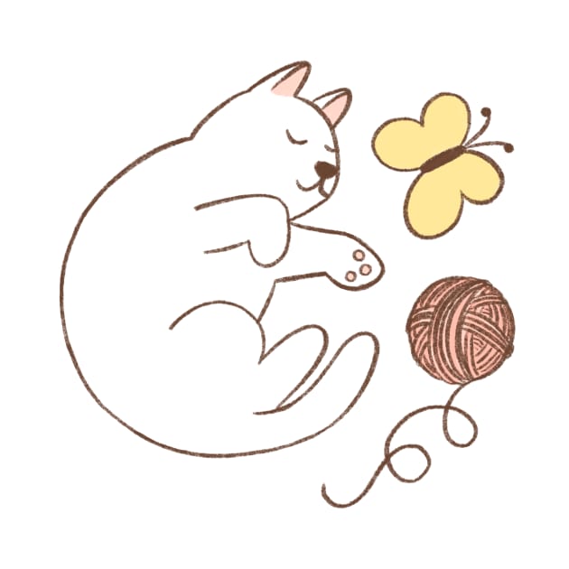 Cute white cat with ball of thread and butterfly by Viaire