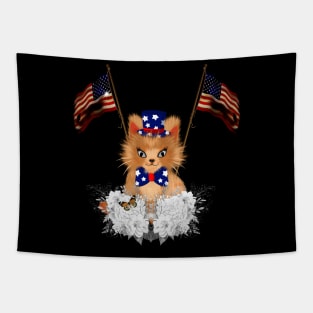 Cute kitten with flag and american flag Tapestry