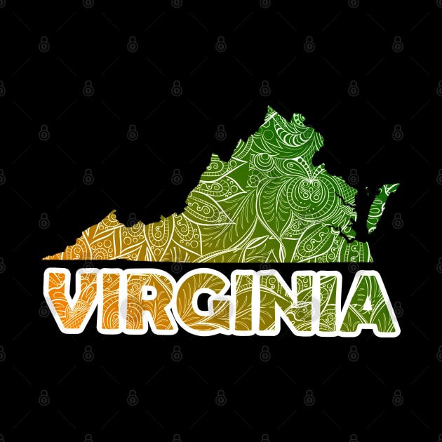 Colorful mandala art map of Virginia with text in green and orange by Happy Citizen