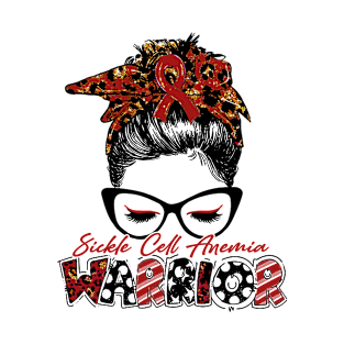 Sickle Cell Anemia Awareness Warrior Women Glasse Messy Bun Leopard Bandana - Happy Mothers Day, Valentines Day T-Shirt