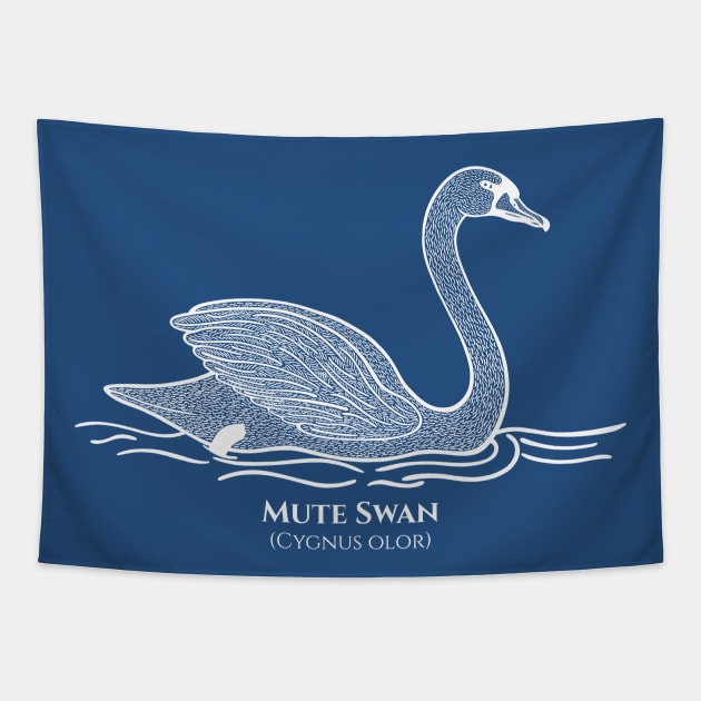 Mute Swan with Common and Latin Names - hand drawn bird design on navy blue Tapestry by Green Paladin