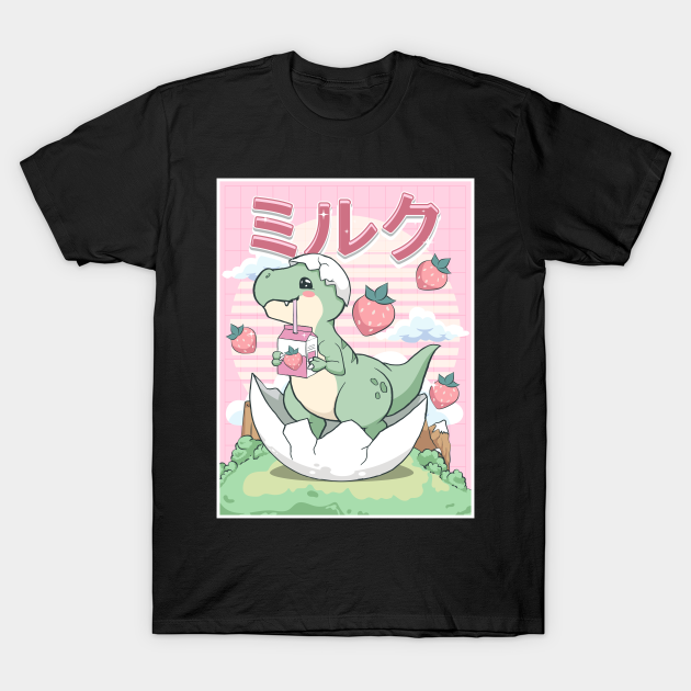 Japanese Aesthetic Kawaii Dinosaur Trex Strawberry Milk Gift - Kawaii Dinosaur - T-Shirt