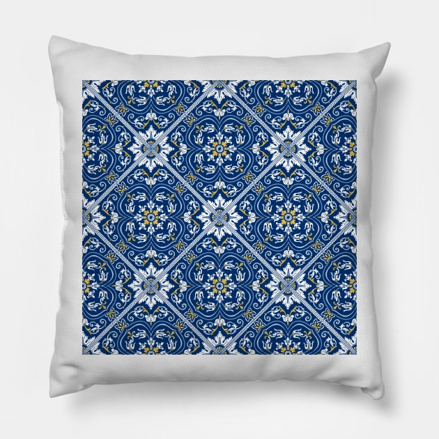 Barcelos Azulejo Tile Pattern // Blue & Gold, hand painted Pillow by creativebakergb