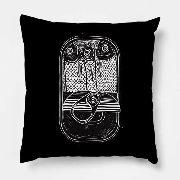 Tin Of Sardines Linocut Pillow by AdamRegester