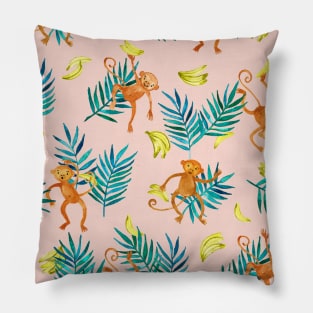 Tropical Monkey Banana Bonanza on Blush Pink Pillow