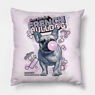 Blue French bulldog, vintage 80' french bulldog, sweet frenchie with pink bubblegum Pillow