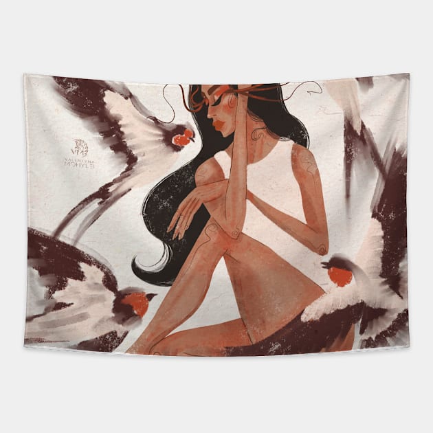 Girl and birds Tapestry by valentyna mohylei