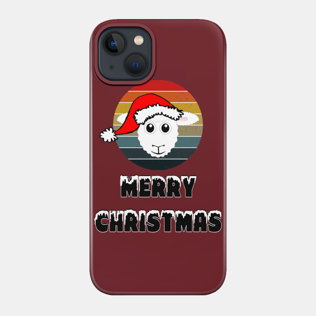 Funny Sheep Face White Cartoon With Santa Claus Hat On Retro Sunset Circle Stripes Grunge Background Merry Christmas Snow Lettering. FUNNY ANIMALS COLLECTION, 2/12 - Noel - Phone Case
