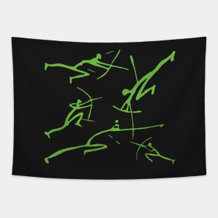 Green Bowmen Minimalist Paleolithic Cave Art Bow Fight Tapestry