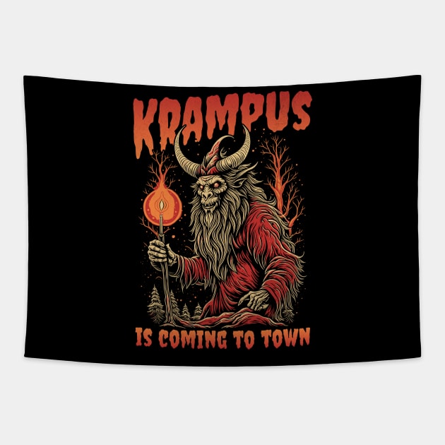 Krampus is Coming to Town Funny Goth Christmas Devil Tapestry by PUFFYP