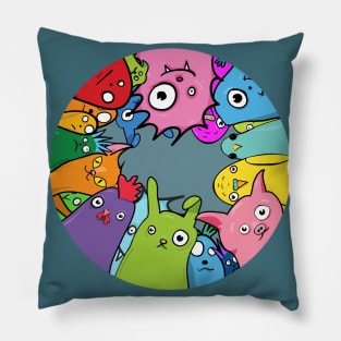 A circle of happy colorful creatures Pillow