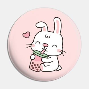 Cute Little White Bunny Enjoying Boba Tea Pin