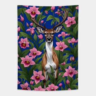 New Hampshire White Tailed Deer And Pink Ladys Slipper Tapestry