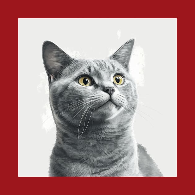 Illustration of grey haired concentrated cat looking to the side by KOTYA